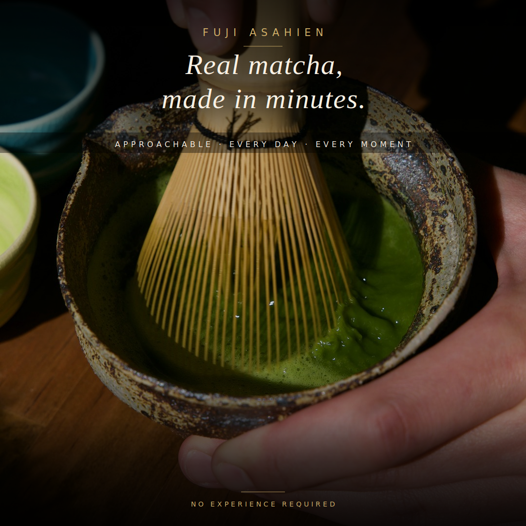 Matcha Fuji-no-Asa being whisked in a ceramic tea bowl — forming rich green foam