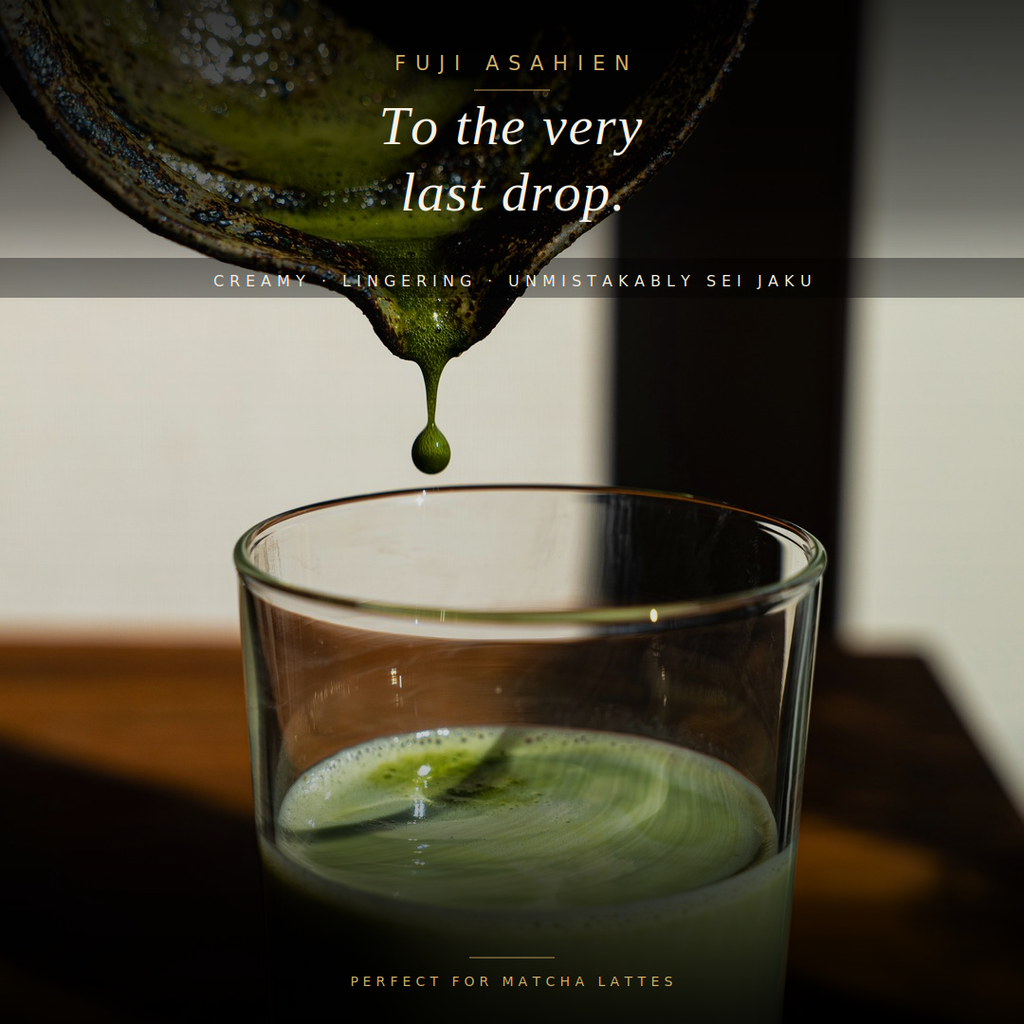 Matcha Sei-Jaku powder being carefully measured and sifted, showcasing its smooth consistency for premium preparation