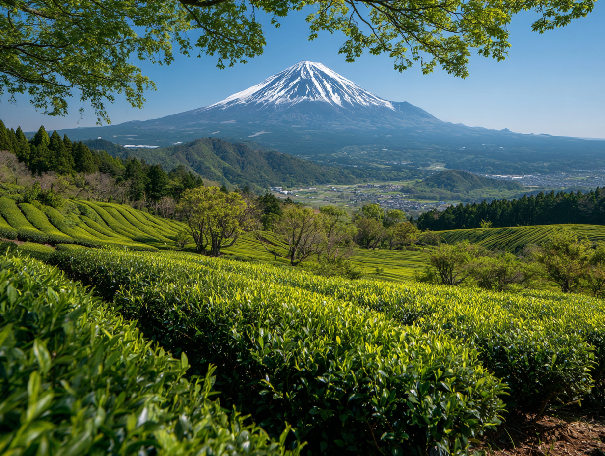 Shizuoka tea fields with Mount Fuji — the landscape that produces ceremonial-grade matcha